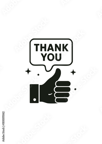 Thumbs up thank you icon with speech bubble symbolizing gratitude appreciation positive feedback support and acknowledgment in clean minimalist black silhouette style
