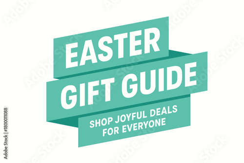 Flat vector banner design text Easter Gift Guide subtitle Shop joyful deals for everyone bold geometric font mint and white palette ribbon folded shape