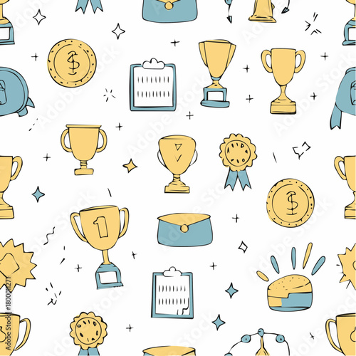 Award doodle hand drawn seamless pattern. Winner trophy cup, champion medal, win certificate background. 