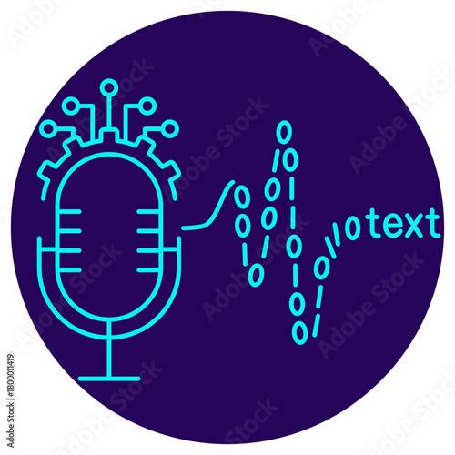 AI Speech Recognition icon. Vector thin line illustration on a round dark blue background. Microphone and processing gear convert voice input (waveform) into structured digital text output