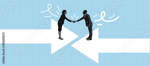 WebHalftone illustration of a businessman and woman shaking hands on opposing arrows symbolising agreement and direction alignment