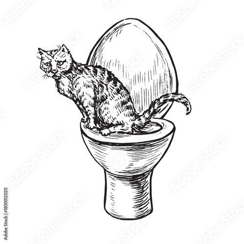 Cat sitting in the toilet, doodle black ink drawing, woodcut vector