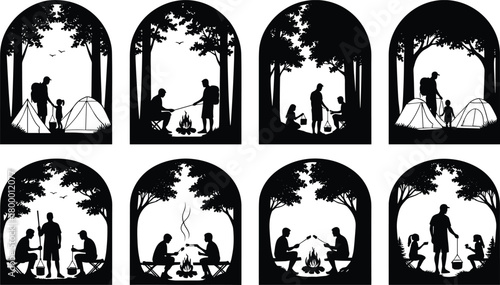 camping, outdoor, silhouette, fire, tent, nature, family, activity, posture, gear, lantern, cook, forest, icon