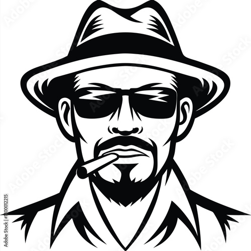 A stylish man with sunglasses and a hat smokes a cigar confidently