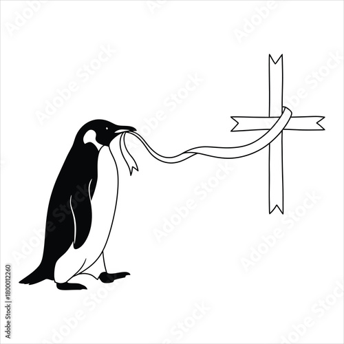 A penguin silhouette carrying a ribbon that folds into a geometric Christmas cross in a minimalist black and white vector composition