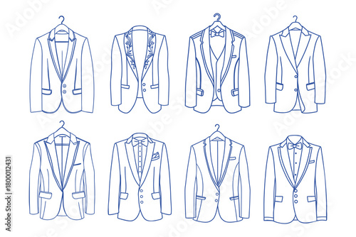 Collection of mens formal suits and jackets. Line art. Hand drawn illustration.