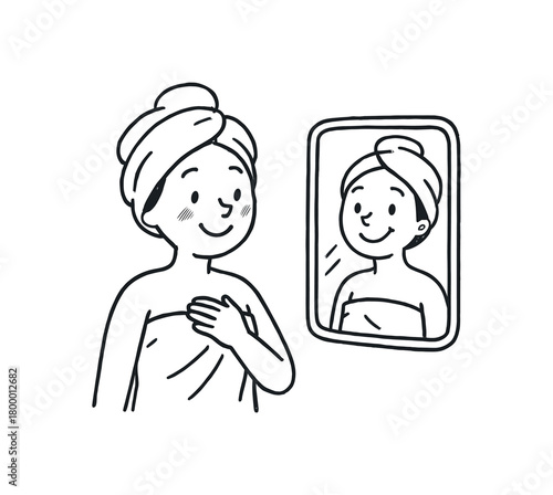 handdrawn cute doodle style woman towel smiling at mirror vector line illustration