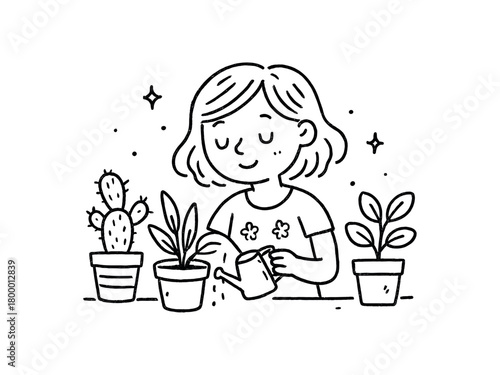 handdrawn cute doodle style woman taking care of plants vector line illustration
