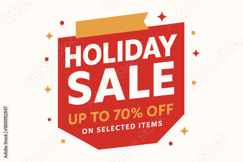 Flat vector banner design text Holiday Sale subtitle Up to 70% off on selected items bold geometric font red and gold palette