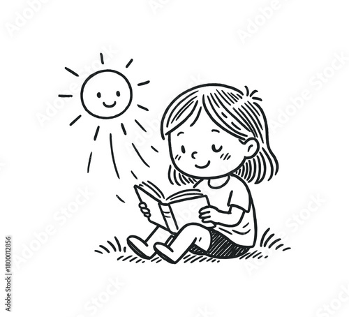handdrawn cute doodle style reading sunlight scene vector line illustration