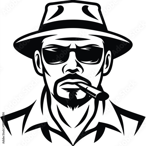 Confident man wearing a hat smokes cigar sporting sunglasses and goatee black design