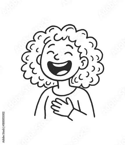 handdrawn cute doodle style woman with curly hair laughing vector line illustration
