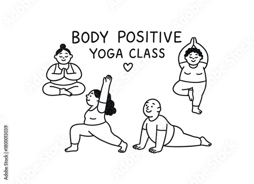 handdrawn cute doodle style body positive yoga class vector line illustration