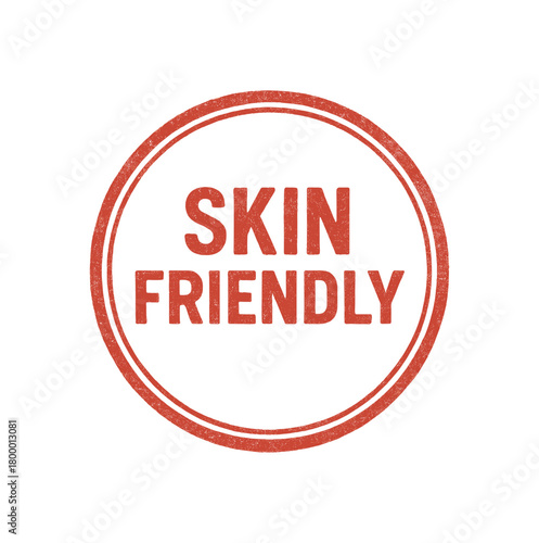 Round seal SKIN FRIENDLY uppercase font red ink texture double outline faded edges isolated vector