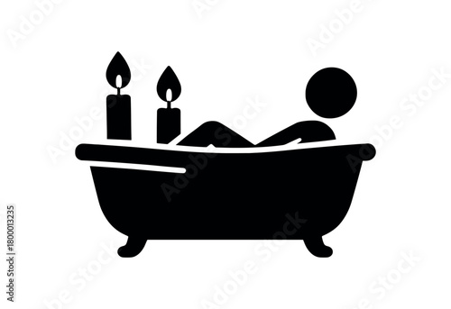 relaxed bath with candles flat black solid vector illustration isolated on white background