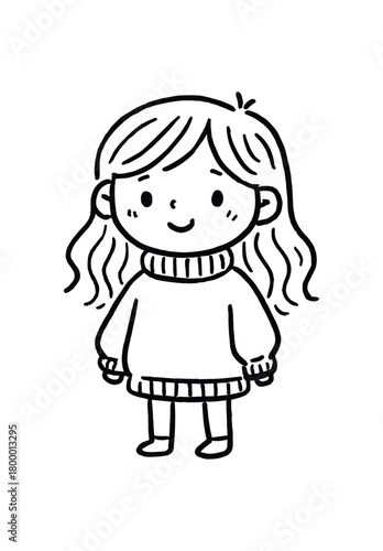 handdrawn cute doodle style girl oversized sweater vector line illustration