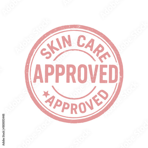 Round badge SKIN CARE APPROVED uppercase pink ink pad texture faded edges rustic style