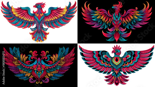 Mythic phoenix emblems with layered feathers and outstretched wings in vivid jewel tones, perfect for tattoos, logos, prints, and decorative art projects.