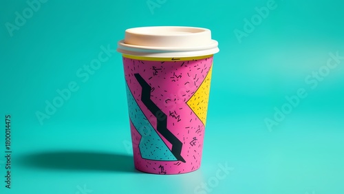 A pink coffee cup sitting on top of a table.