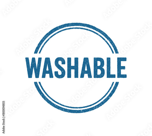 Round rubber stamp WASHABLE bold uppercase blue ink texture double circular outline faded edges realistic pad pressure isolated on white background