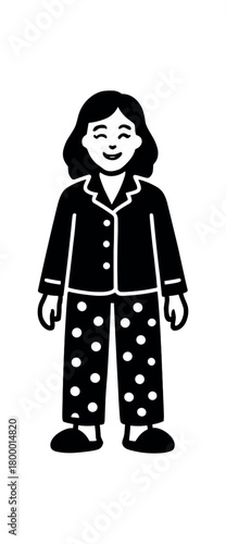 woman comfy pajamas smiling flat black solid vector illustration isolated on white background