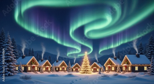 Magical winter village illuminated by vibrant aurora borealis during christmas night
