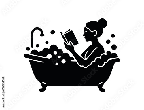 woman bubble bath with book flat black solid vector illustration isolated on white background
