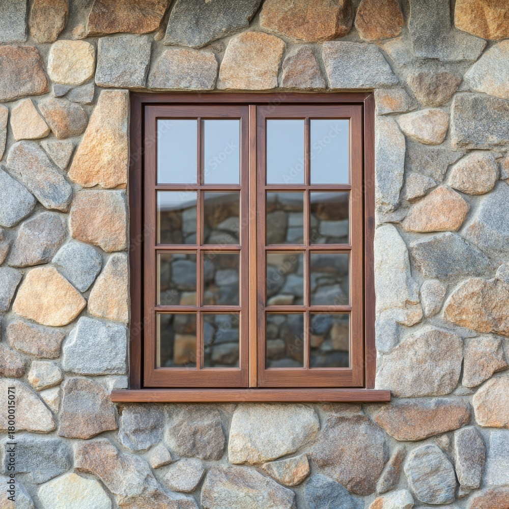 Fototapeta premium Wooden Window on Stone Wall - Architecture, Facade