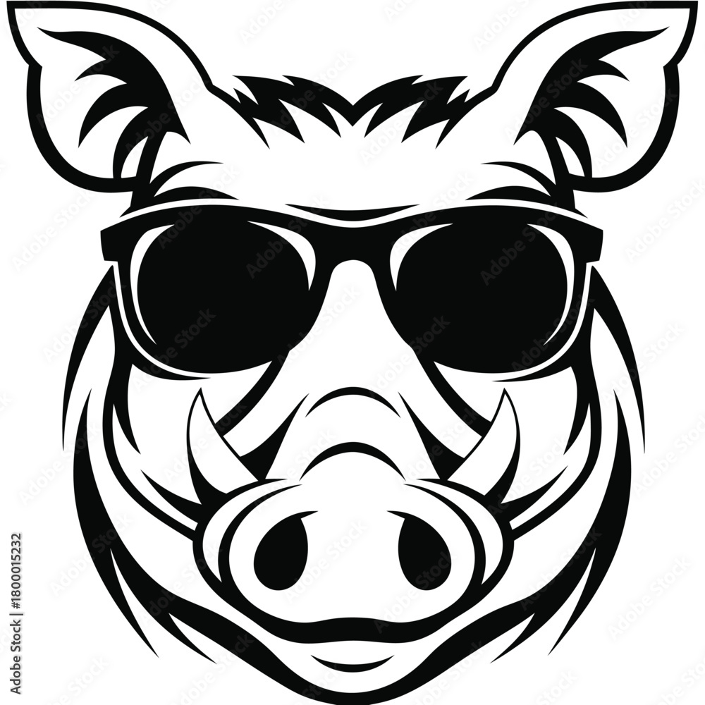 Fototapeta premium Cool black and white boar head features sunglasses and a tribal style mane