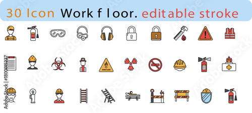 Workplace safety icon set for hazard prevention and emergency response planning with editable strokes for construction and industrial sites
