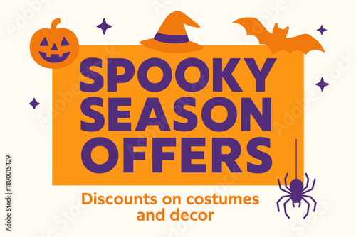 Flat vector banner design text Spooky Season Offers subtitle Discounts on costumes and decor bold geometric font purple and orange palette