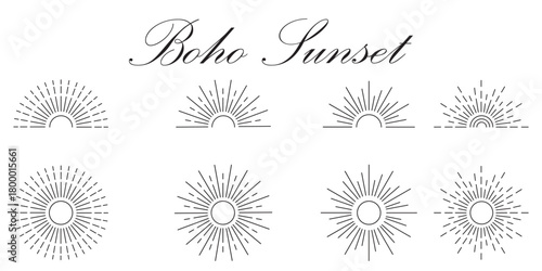 Abstract boho sun set, sunburst. Bohemian minimalist linear sunrise and sunset icon collection. Bohemian Sunburst and Sunrise Icons Set Mystical Symbols. Sun rise set, sunset vector icon, sunburst ray