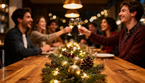 Friends celebrating Christmas dinner at a cozy, festive restaurant. A beautiful holiday garland centerpiece is in focus, with a joyful group toasting in the warm, blurry background.