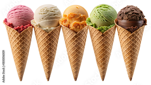Colorful Ice Cream Cones with Assorted Flavors on Transparent Background
