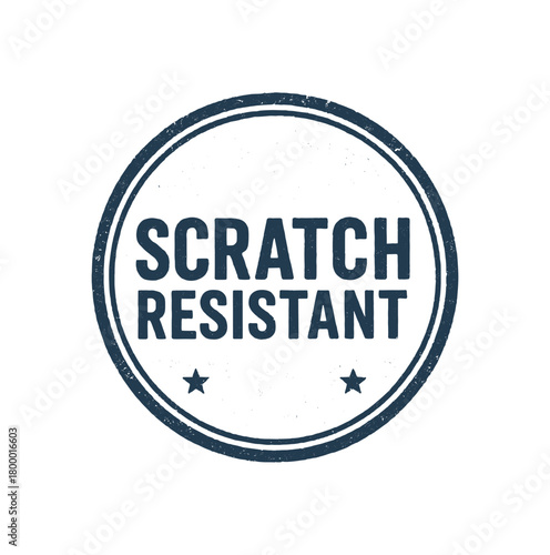 Round rubber stamp SCRATCH RESISTANT uppercase bold font navy ink texture double border ring pressure marks