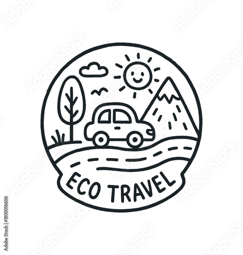 handdrawn cute doodle style eco travel badge vector line illustration