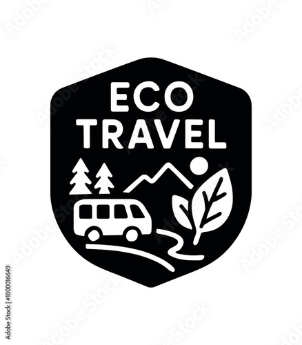 eco travel badge flat black solid vector illustration isolated on white background