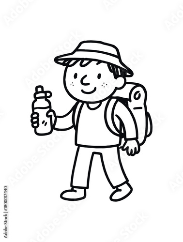 handdrawn cute doodle style traveler with reusable water bottle vector line illustration
