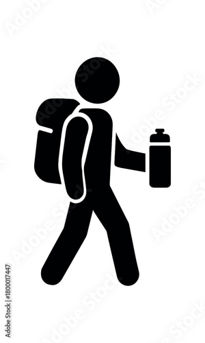 traveler with reusable water bottle flat black solid vector illustration isolated on white background