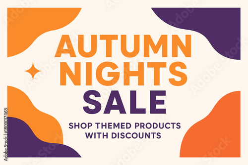 Flat vector banner design text Autumn Nights Sale subtitle Shop themed products with discounts bold geometric font orange and purple palette