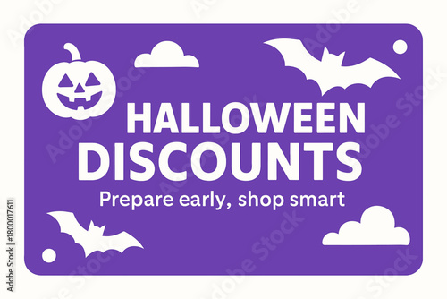 Flat vector banner design text Halloween Discounts subtitle Prepare early shop smart bold geometric font purple and white palette