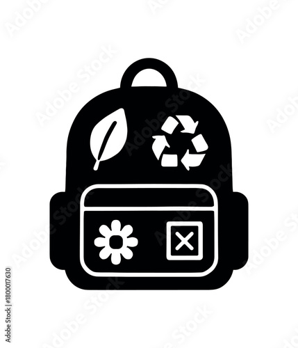 eco backpack with patches flat black solid vector illustration isolated on white background