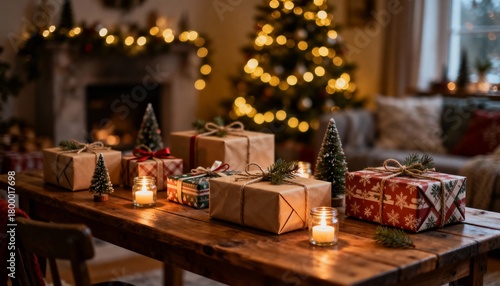 Rustic Christmas presents and candles on a wooden table. Festive holiday scene with a warm, magical bokeh lights background
