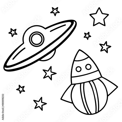 Space Rocket and Flying UFO cute kids coloring page
