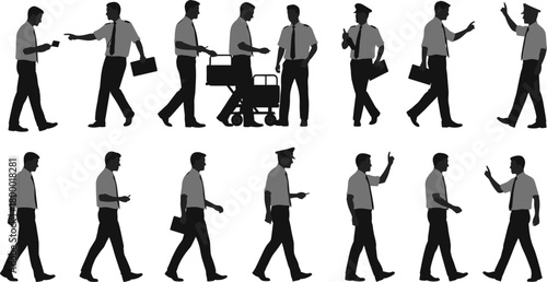 man, silhouette, walking, pointing, talking, gesturing, pushing, cart, briefcase, motion, pose, action, worker, icon
