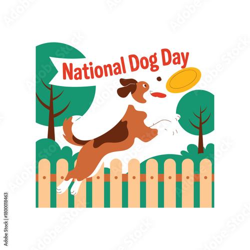 Cartoon brown and white dog jumping to catch yellow frisbee in park with trees and fence vector.