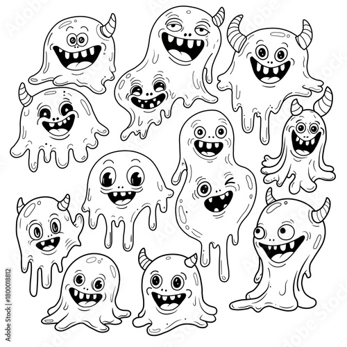 A group of cute, gooey monsters with big eyes and silly smiles stand together, each one with unique shapes and tiny horns, creating a fun and playful scene.