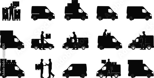 delivery, logistics, courier, shipping, transport, van, package, parcel, worker, scan, track, unload, load, freight