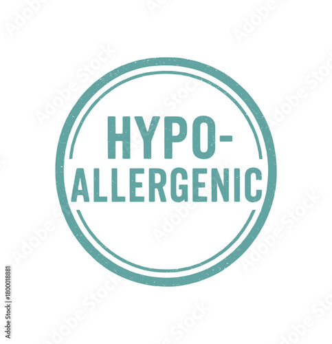 Circular badge HYPOALLERGENIC uppercase letters light turquoise ink worn soft texture realistic print pressure