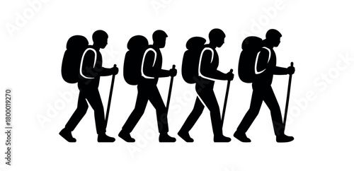 hiking group with backpacks flat black solid vector illustration isolated on white background